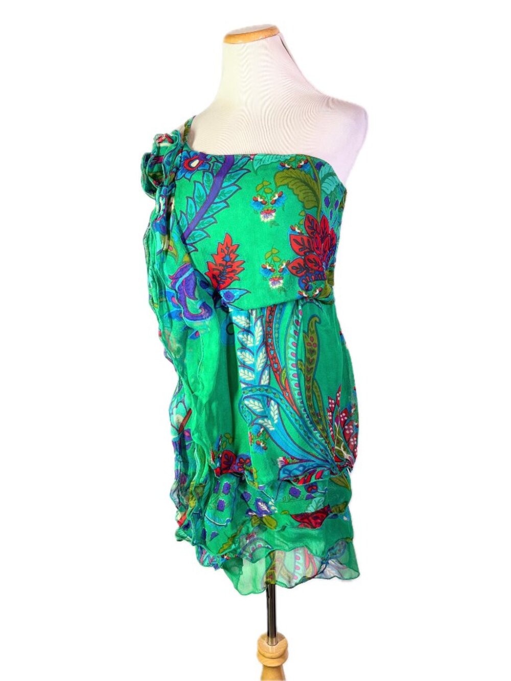 Rene Derhy Size S Green Ruffled One-Shoulder Dress Floral Paisley